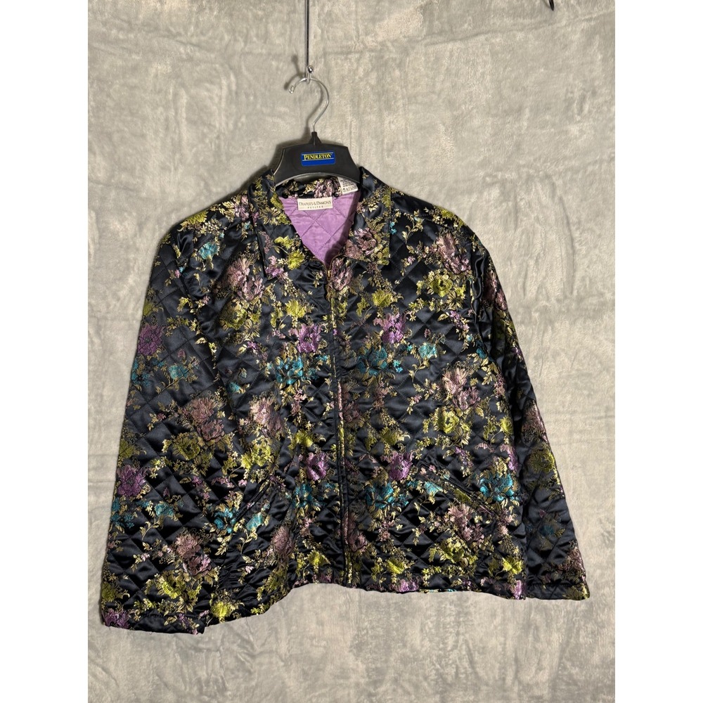 Drapers & Damons Petites Floral Brocade Quilted Jacket Black Purple Blue PXL